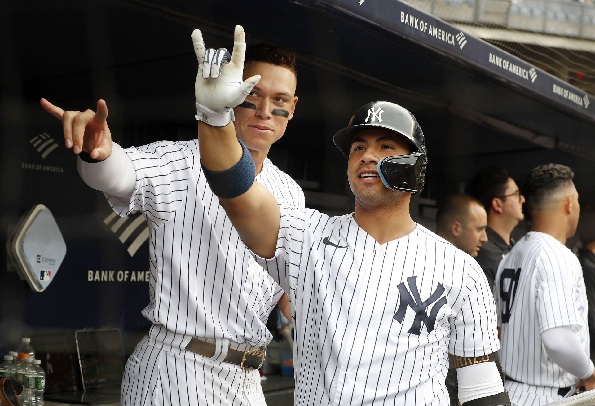 Aaron Judge celebrates with Gleyber Torres after a home run during today's Minnesota Twins v New York Yankees game.